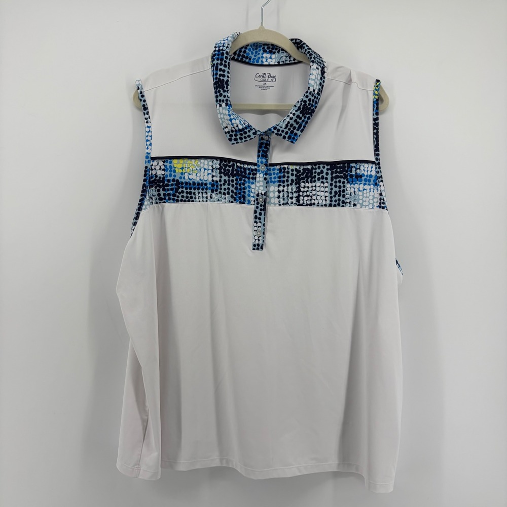 Coral Bay Womens 3X White Blue Sleeveless Golf Polo Dot Print Plus Size Top
